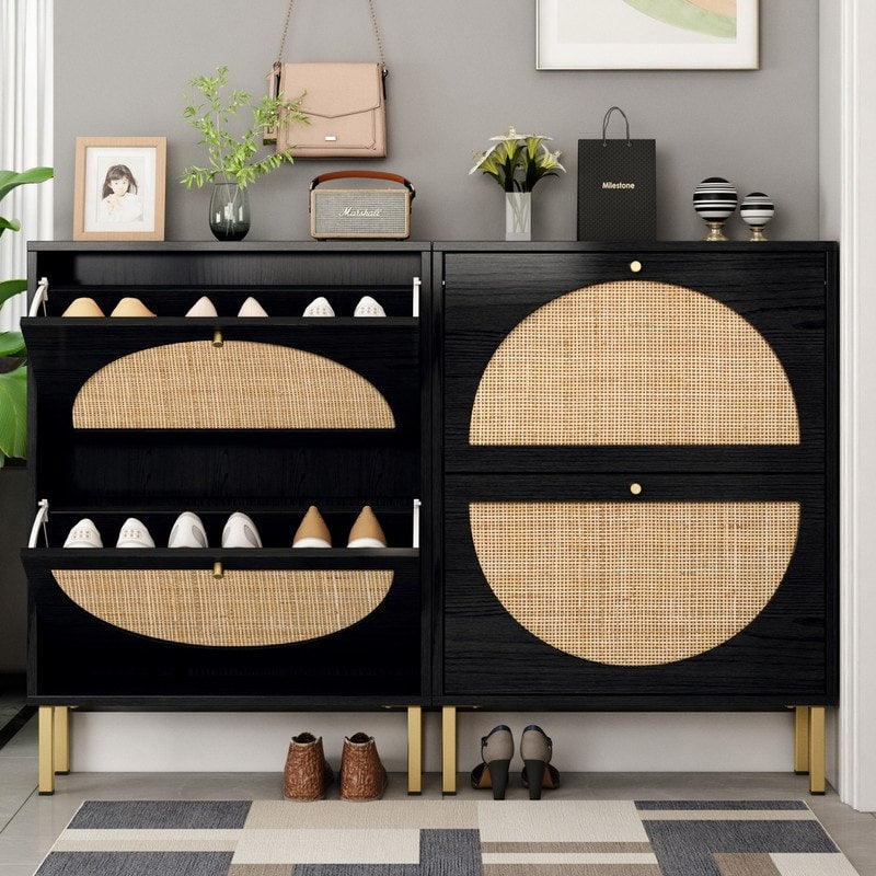 Rattan 2-Drawer Shoe Rack Cabinet,Shoe Storage w/Natural Rattan Flip Doors,Wall Mounted & Free-standing