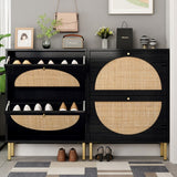 Rattan 2-Drawer Shoe Rack Cabinet,Shoe Storage w/Natural Rattan Flip Doors,Wall Mounted & Free-standing