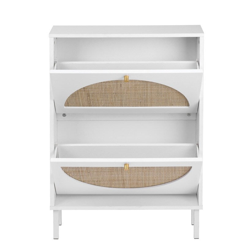 Rattan 2-Drawer Shoe Rack Cabinet,Shoe Storage w/Natural Rattan Flip Doors,Wall Mounted & Free-standing