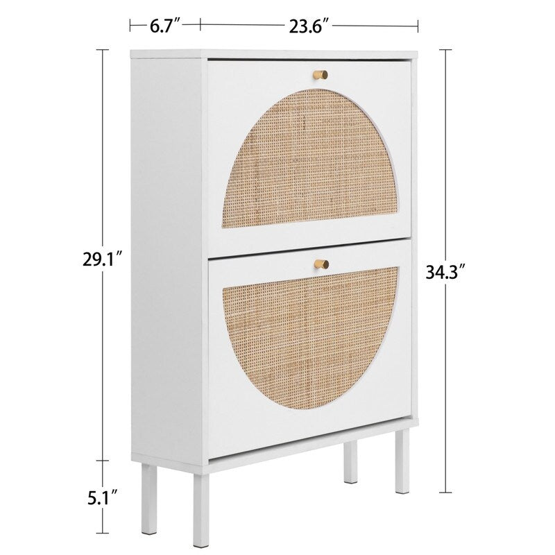 Rattan 2-Drawer Shoe Rack Cabinet,Shoe Storage w/Natural Rattan Flip Doors,Wall Mounted & Free-standing