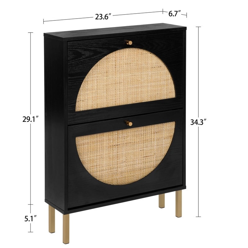 Rattan 2-Drawer Shoe Rack Cabinet,Shoe Storage w/Natural Rattan Flip Doors,Wall Mounted & Free-standing