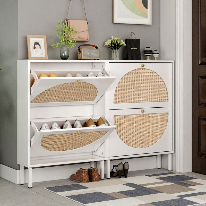 Rattan 2-Drawer Shoe Rack Cabinet,Shoe Storage w/Natural Rattan Flip Doors,Wall Mounted & Free-standing