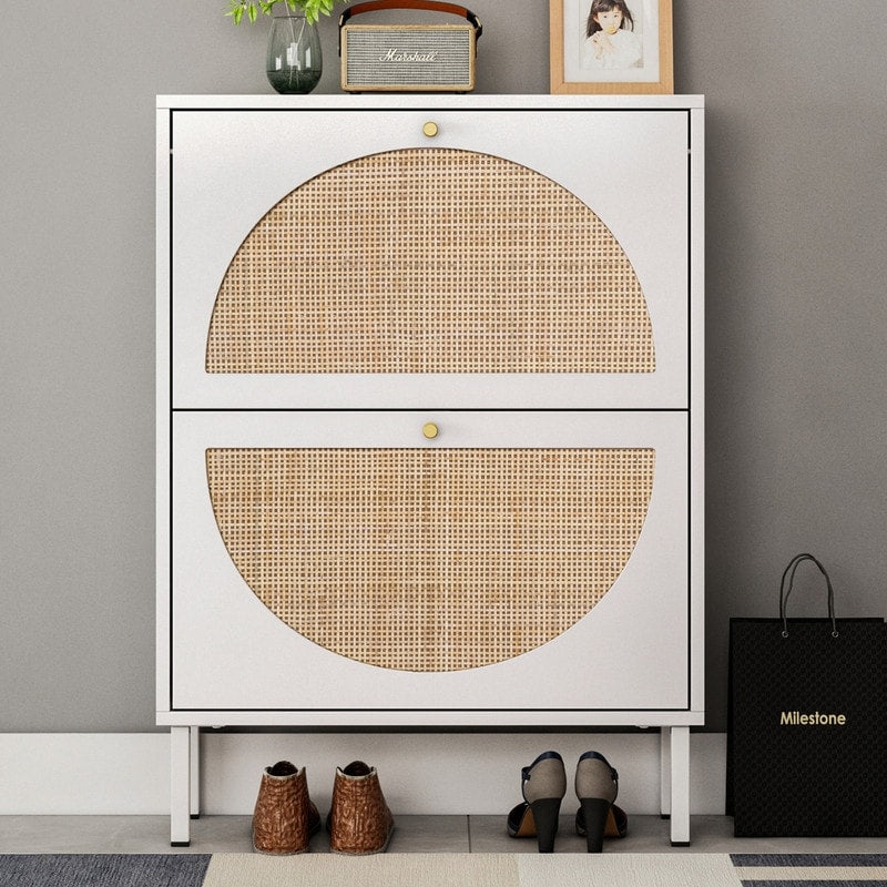 Rattan 2-Drawer Shoe Rack Cabinet,Shoe Storage w/Natural Rattan Flip Doors,Wall Mounted & Free-standing