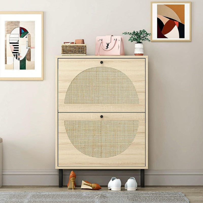 Rattan 2-Drawer Shoe Rack Cabinet,Shoe Storage w/Natural Rattan Flip Doors,Wall Mounted & Free-standing