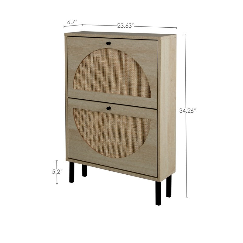 Rattan 2-Drawer Shoe Rack Cabinet,Shoe Storage w/Natural Rattan Flip Doors,Wall Mounted & Free-standing