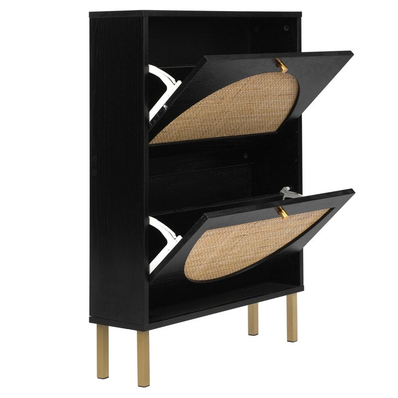 Rattan 2-Drawer Shoe Rack Cabinet,Shoe Storage w/Natural Rattan Flip Doors,Wall Mounted & Free-standing
