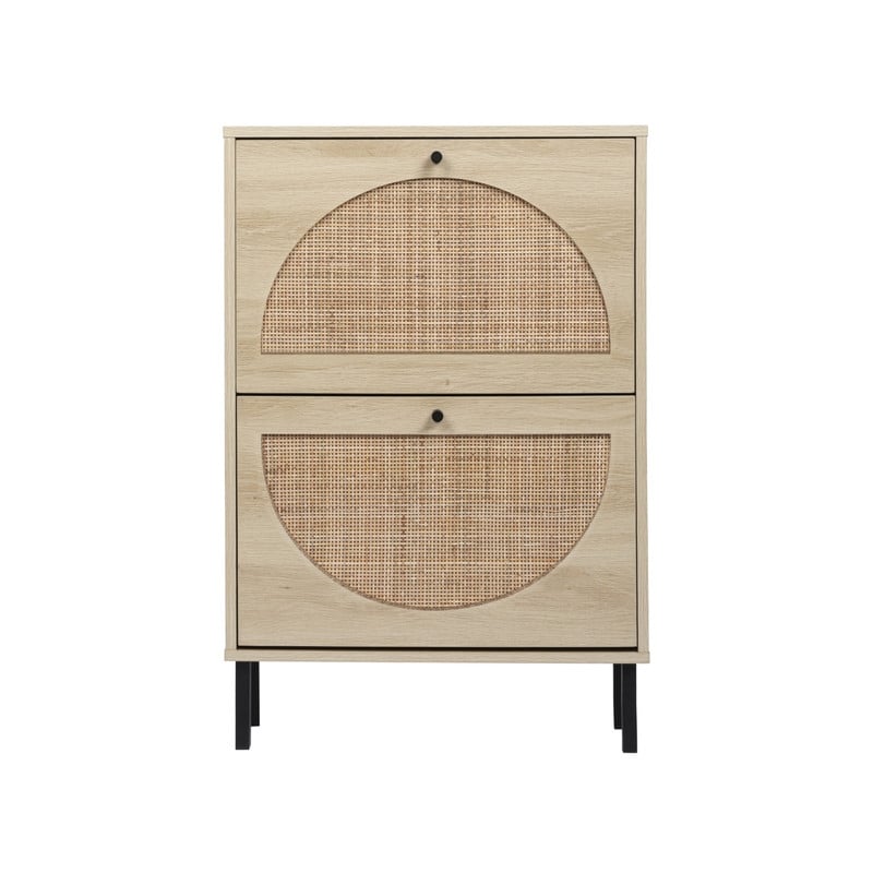 Rattan 2-Drawer Shoe Rack Cabinet,Shoe Storage w/Natural Rattan Flip Doors,Wall Mounted & Free-standing