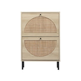 Rattan 2-Drawer Shoe Rack Cabinet,Shoe Storage w/Natural Rattan Flip Doors,Wall Mounted & Free-standing