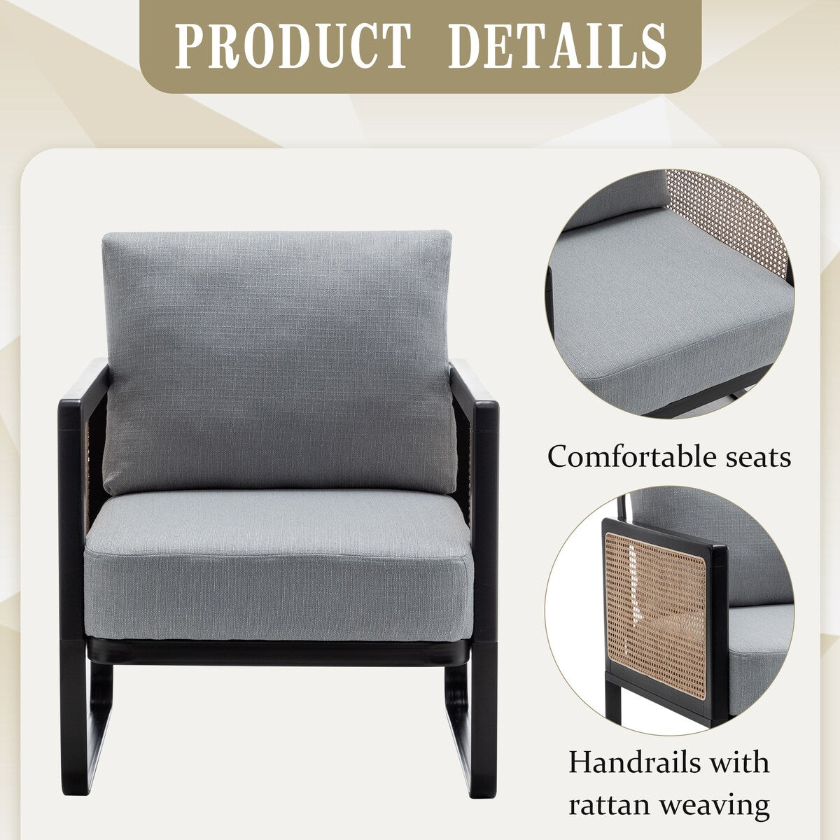Rattan Accent Chair Armchair with Metal Frame Modern Living Room Chair Comfy Reading Side Chair for Home Bedroom Office