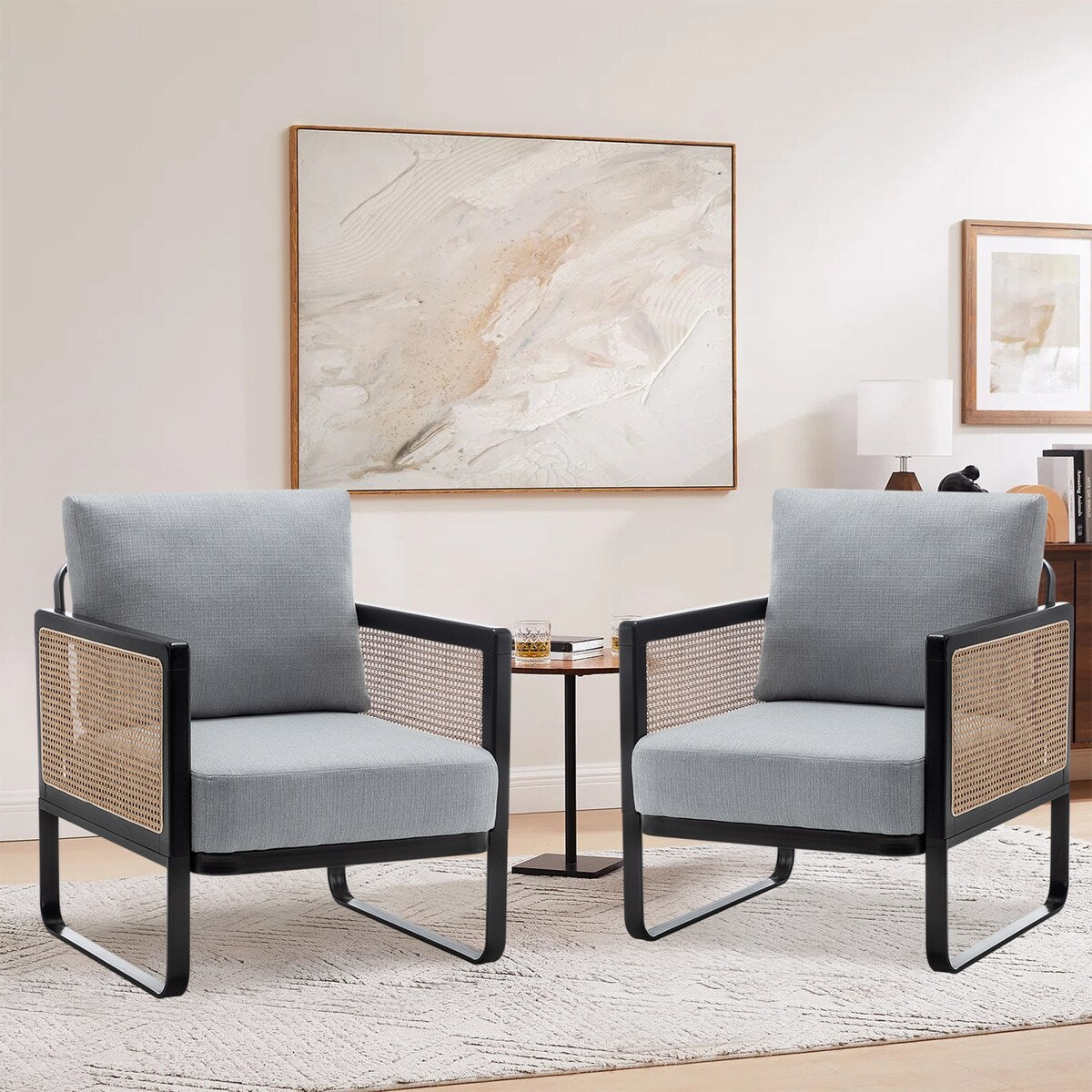 Rattan Accent Chair Armchair with Metal Frame Modern Living Room Chair Comfy Reading Side Chair for Home Bedroom Office