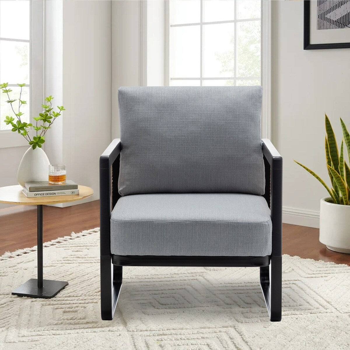 Rattan Accent Chair Armchair with Metal Frame Modern Living Room Chair Comfy Reading Side Chair for Home Bedroom Office