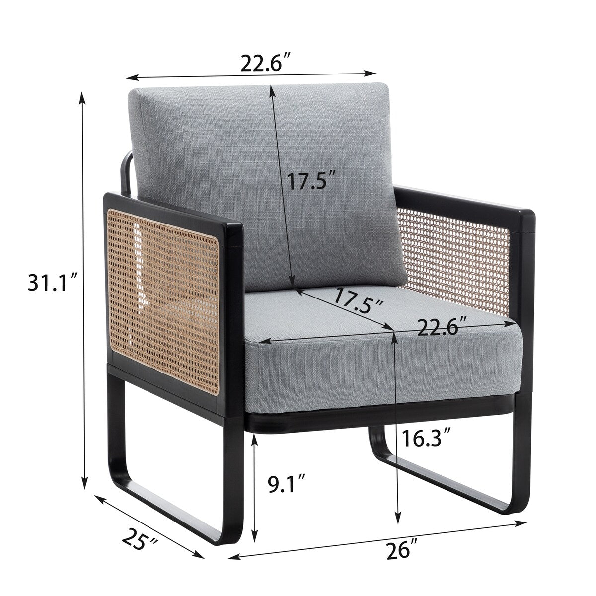 Rattan Accent Chair Armchair with Metal Frame Modern Living Room Chair Comfy Reading Side Chair for Home Bedroom Office