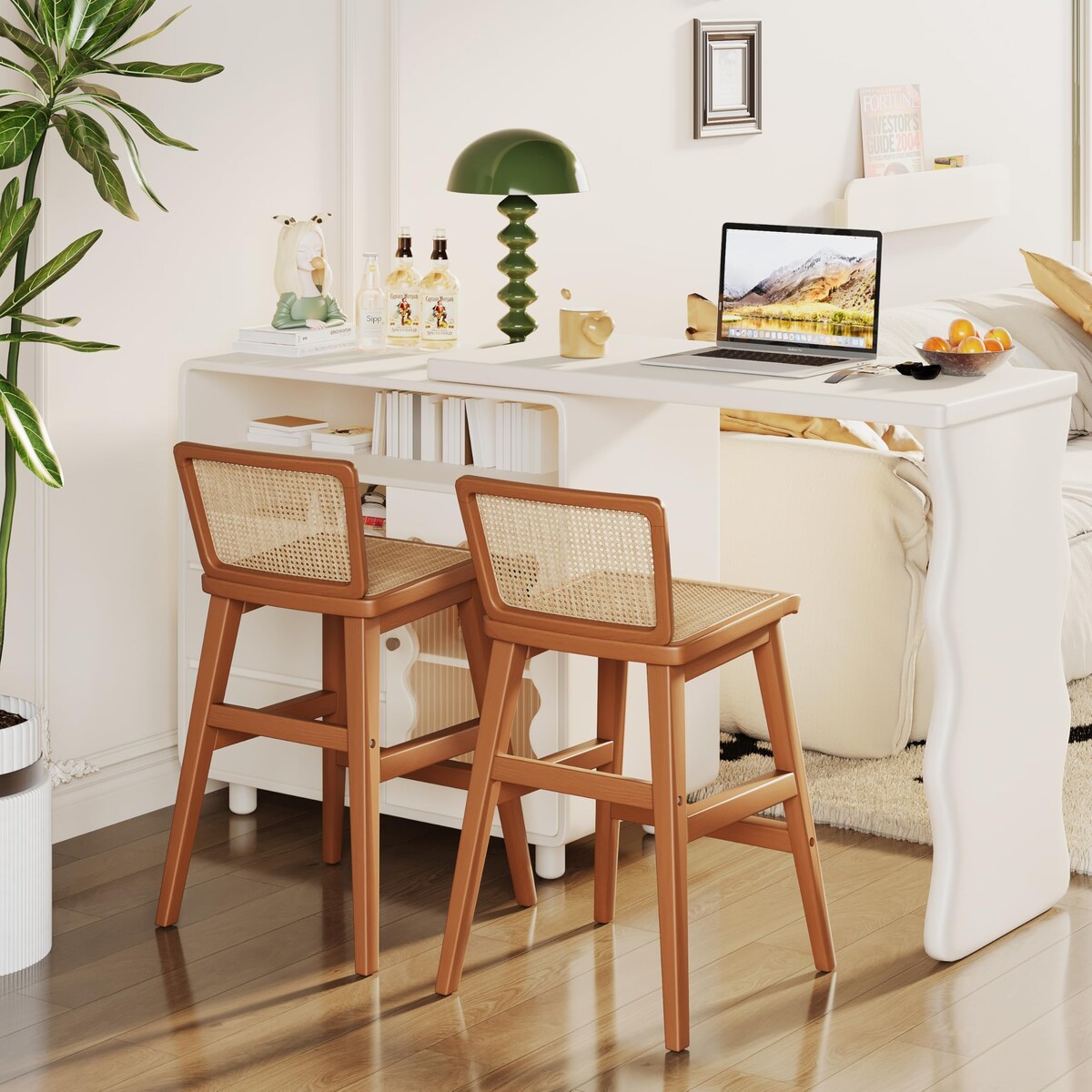 Rattan Bar Stools Set of 2, Mid-Century Modern 24 Inch Counter Height Stools, Rattan Barstools with Wooden Legs,Counter Stool