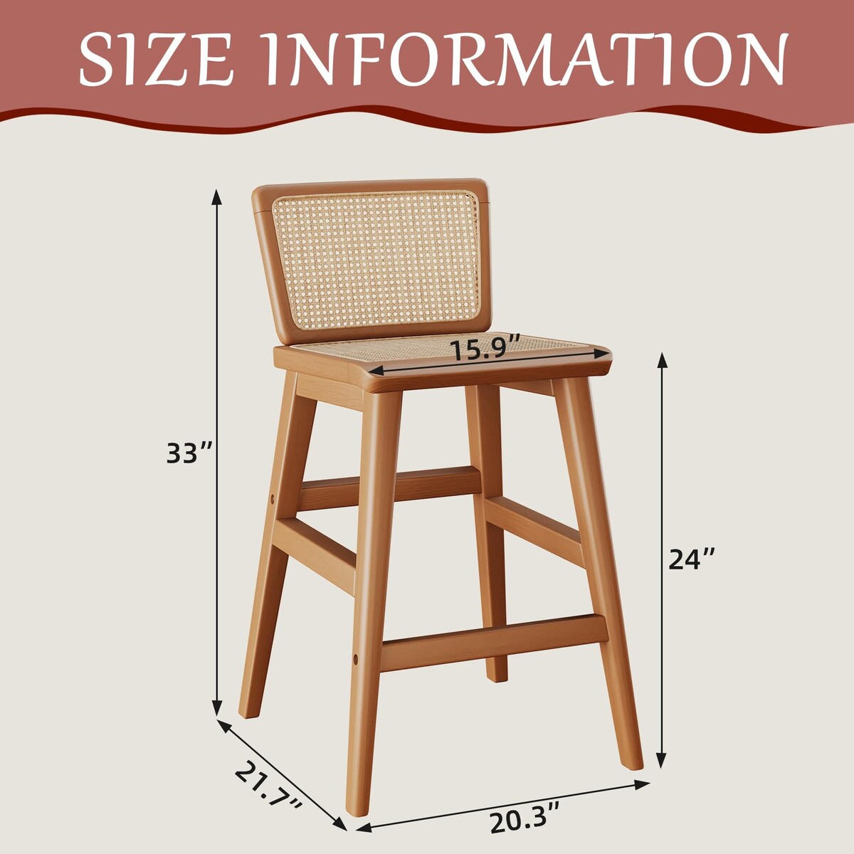 Rattan Bar Stools Set of 2, Mid-Century Modern 24 Inch Counter Height Stools, Rattan Barstools with Wooden Legs,Counter Stool