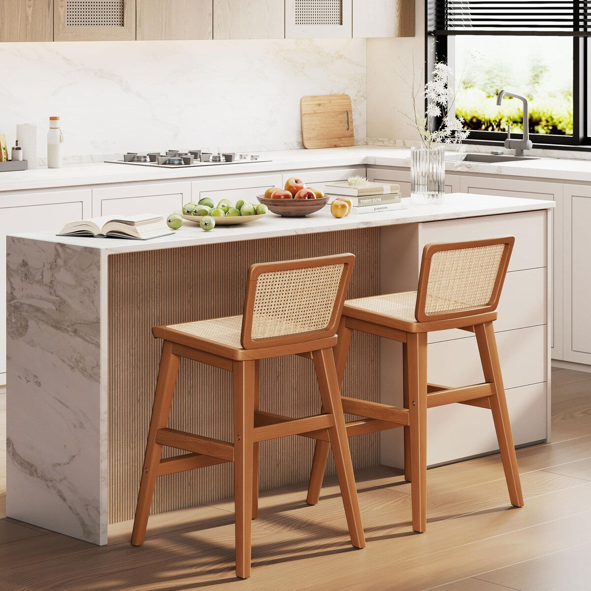 Rattan Bar Stools Set of 2, Mid-Century Modern 24 Inch Counter Height Stools, Rattan Barstools with Wooden Legs,Counter Stool