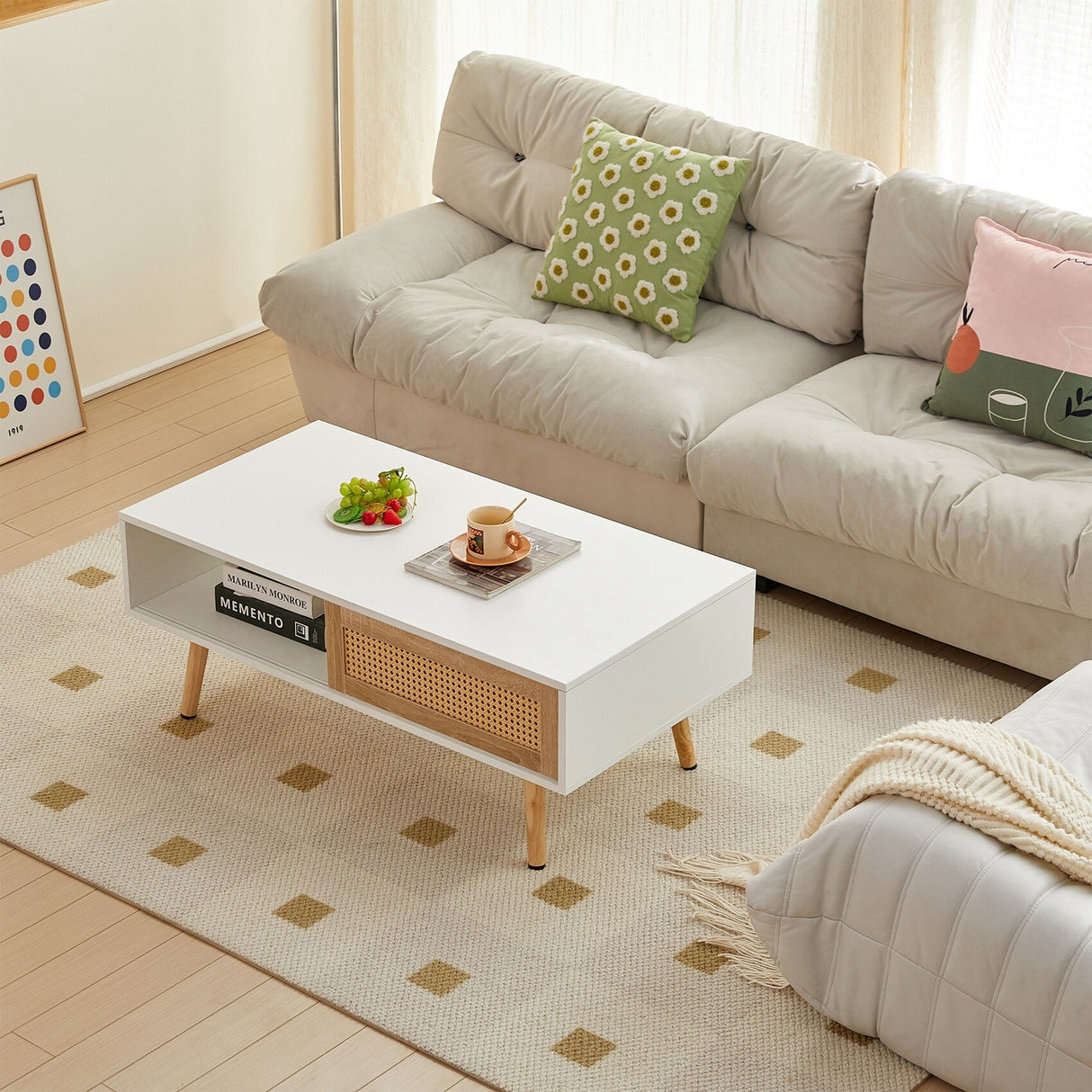 Rattan Coffee table, sliding door for storage