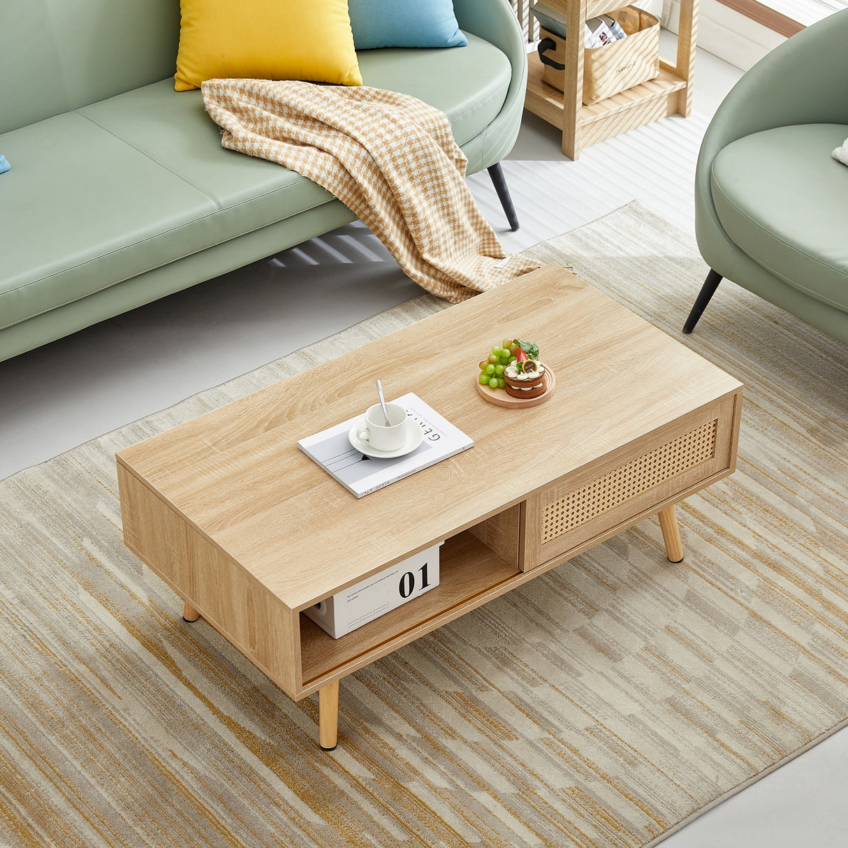 Rattan Coffee table, sliding door for storage