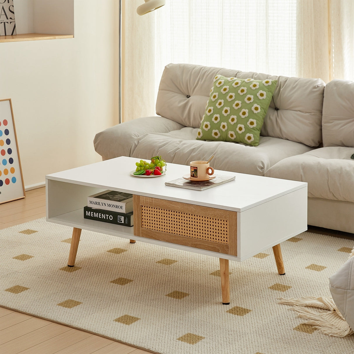 Rattan Coffee table, sliding door for storage