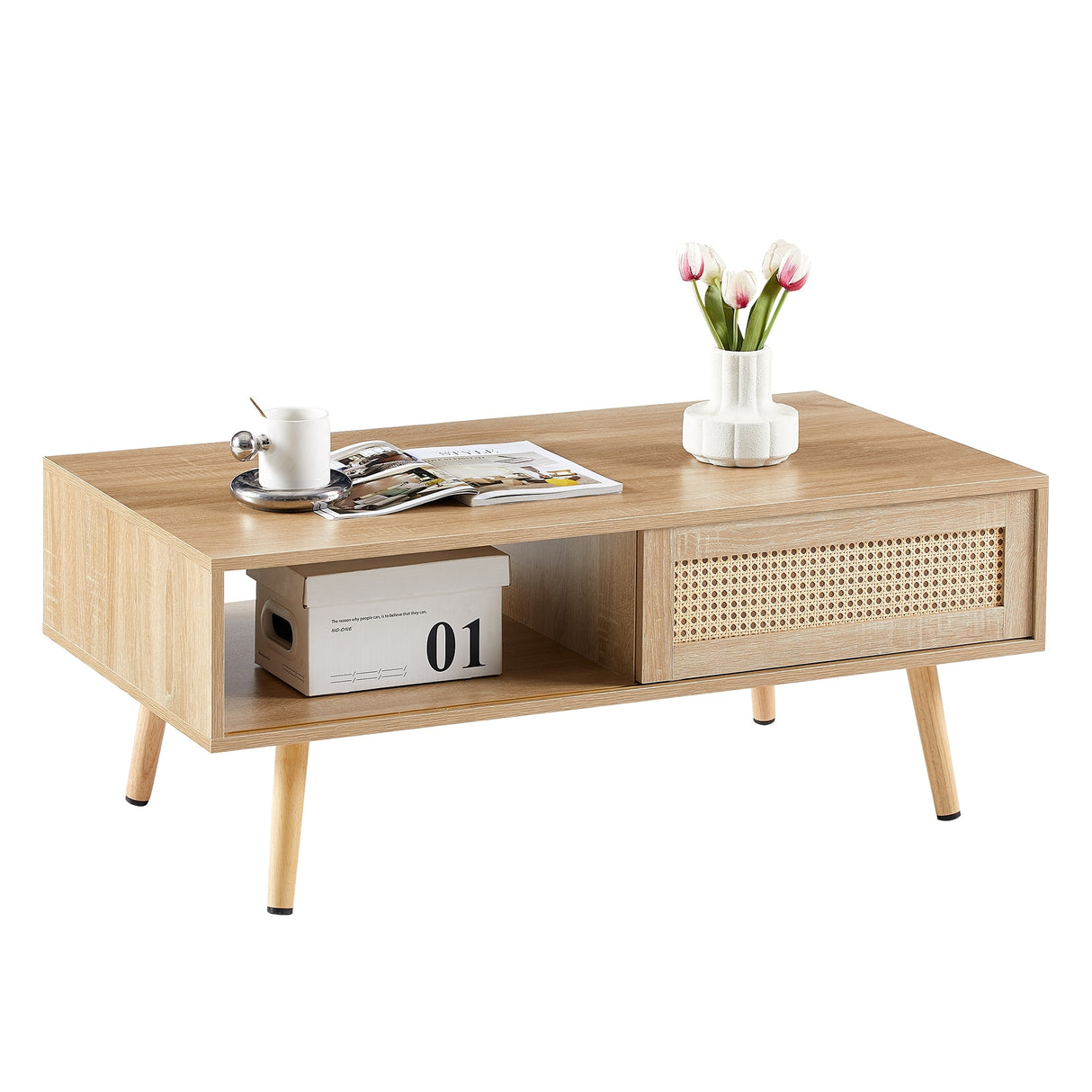 Rattan Coffee table, sliding door for storage