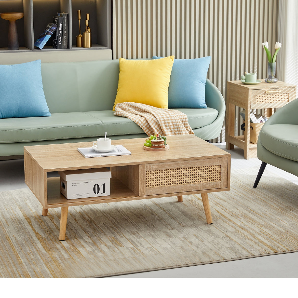 Rattan Coffee table, sliding door for storage