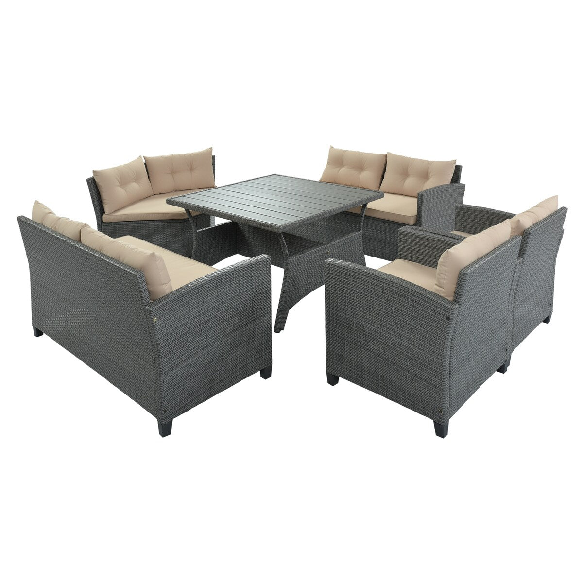 Rattan Dining Sectional Sofa Set with Wood Table Top, Cushions, and Pillows