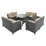 Rattan Dining Sectional Sofa Set with Wood Table Top, Cushions, and Pillows