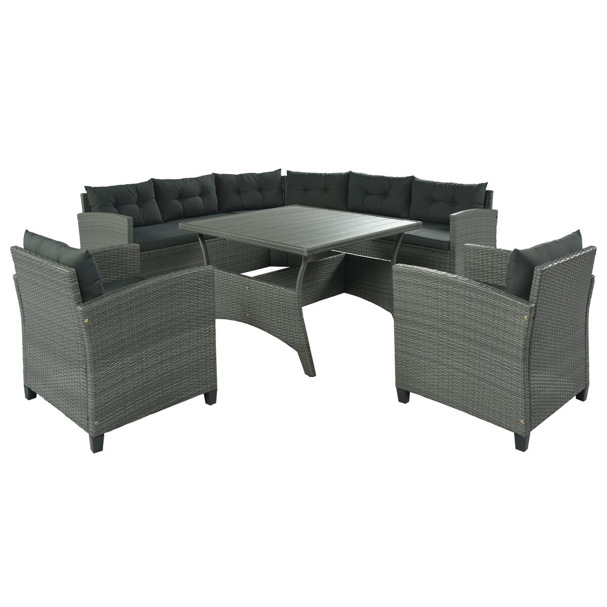Rattan Dining Sectional Sofa Set with Wood Table Top, Cushions, and Pillows