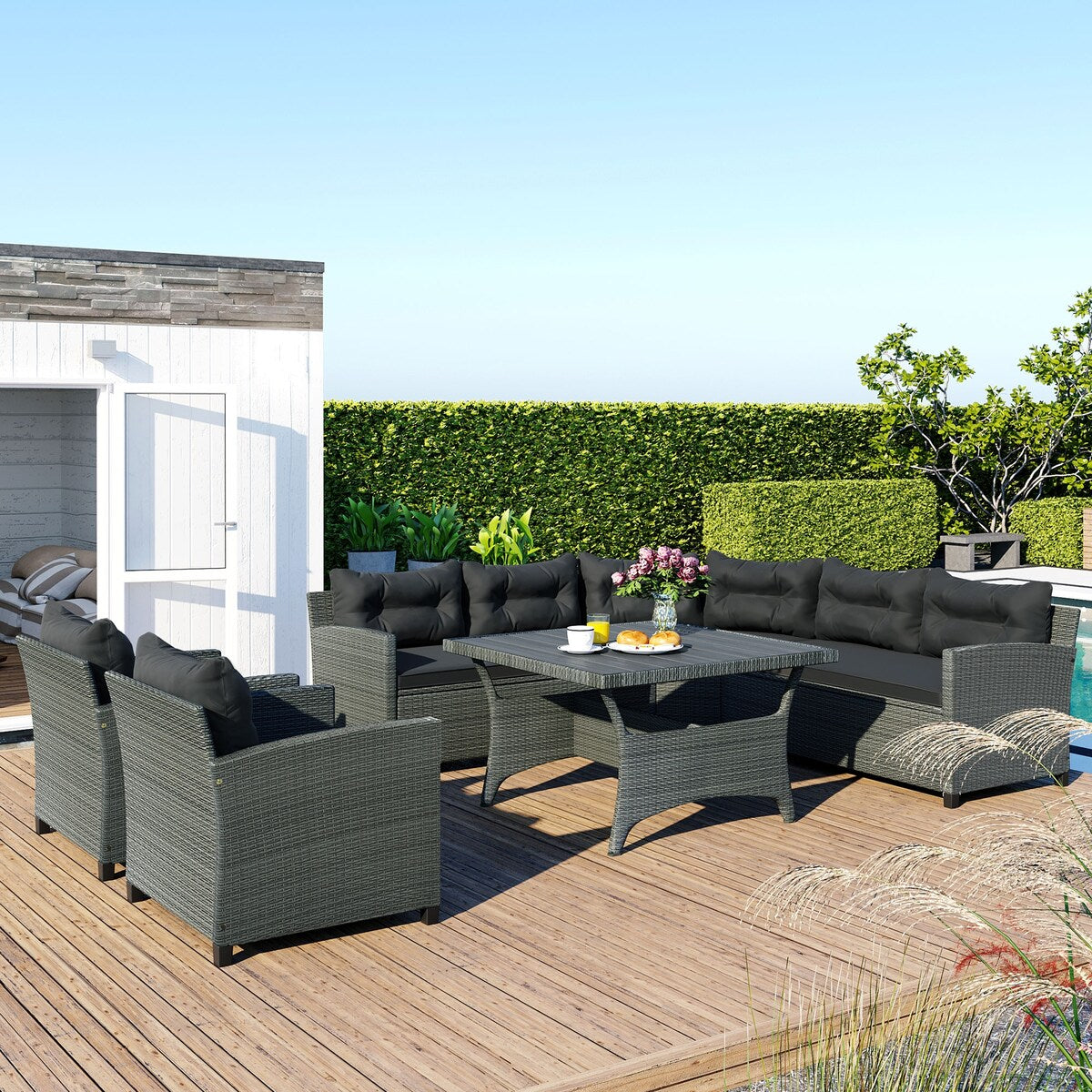 Rattan Dining Sectional Sofa Set with Wood Table Top, Cushions, and Pillows