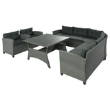 Rattan Dining Sectional Sofa Set with Wood Table Top, Cushions, and Pillows