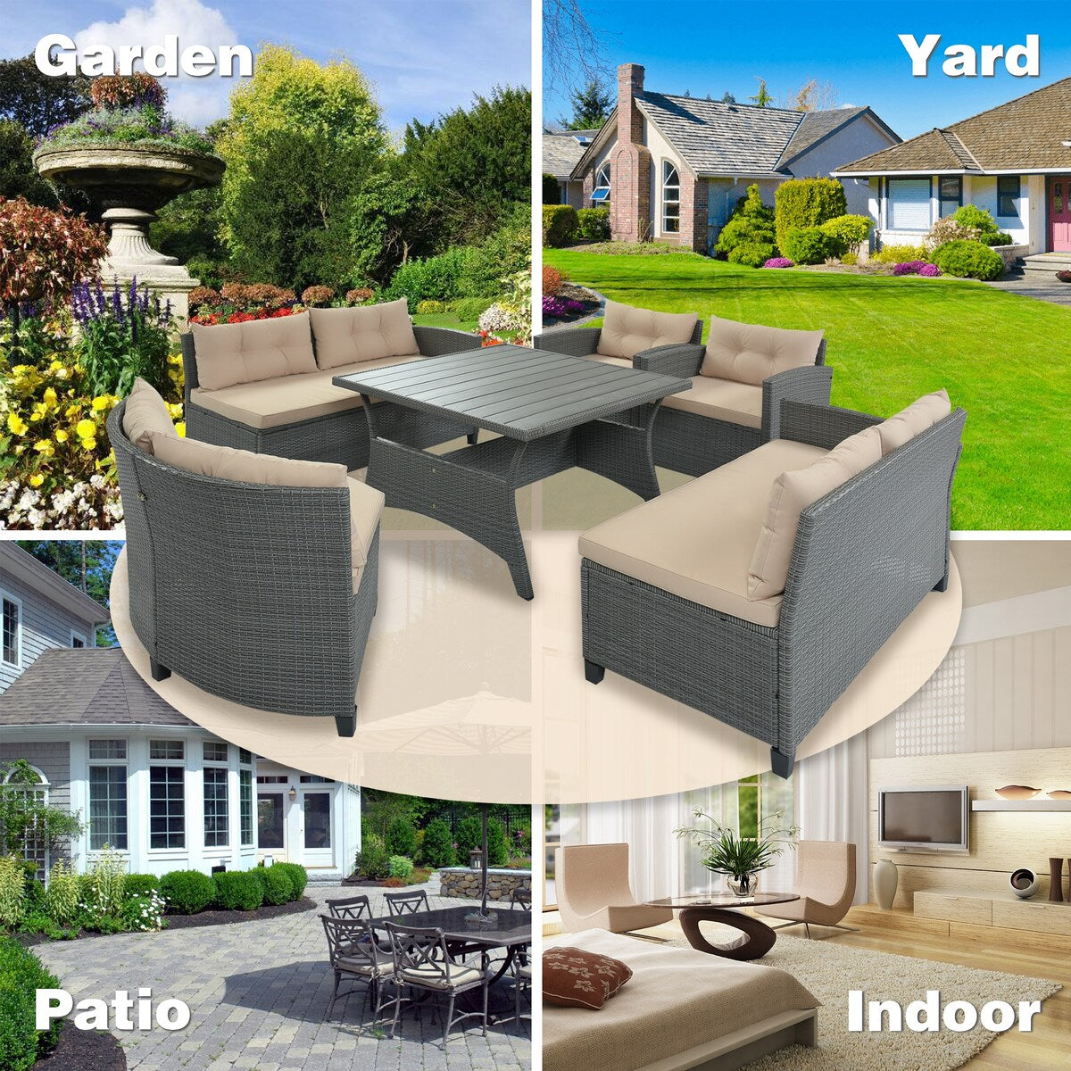 Rattan Dining Sectional Sofa Set with Wood Table Top, Cushions, and Pillows