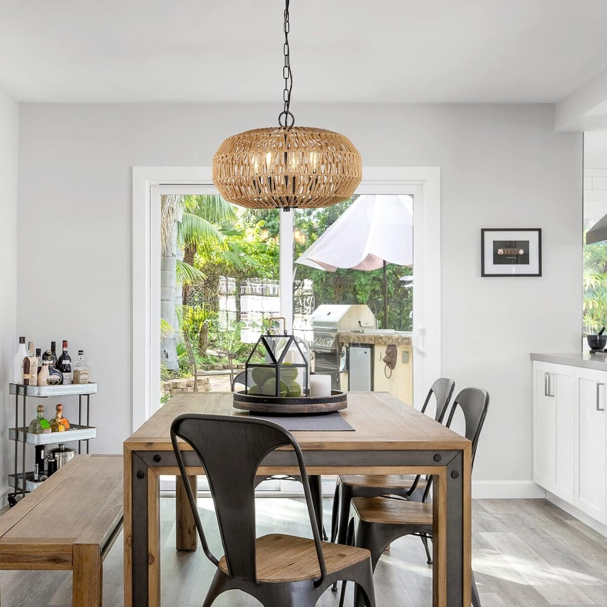 Farmhouse Rattan Pendant Lights,15.7" 4-Light Boho Chandelier Light Fixture,Wicker Hand Woven Basket Pendant Hanging