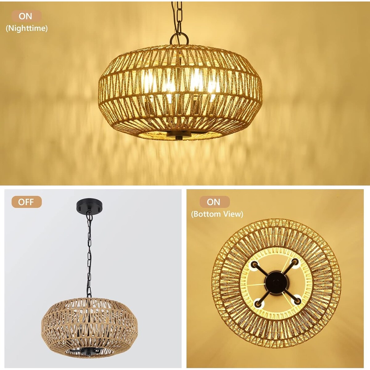 Farmhouse Rattan Pendant Lights,15.7" 4-Light Boho Chandelier Light Fixture,Wicker Hand Woven Basket Pendant Hanging