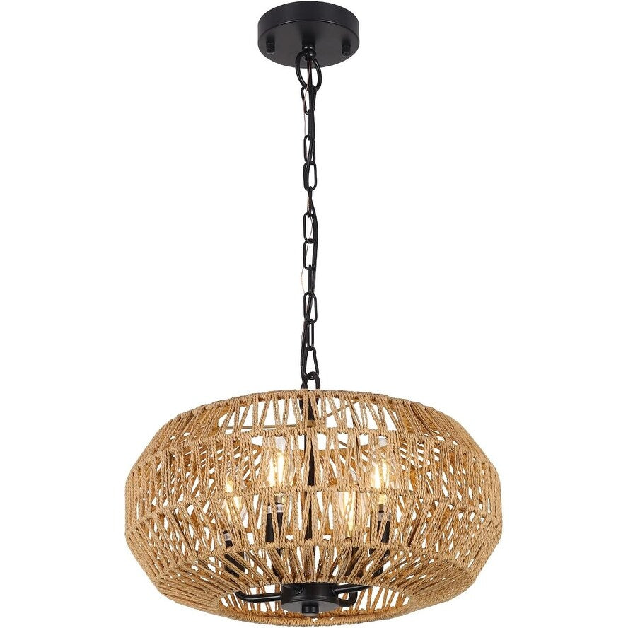 Farmhouse Rattan Pendant Lights,15.7" 4-Light Boho Chandelier Light Fixture,Wicker Hand Woven Basket Pendant Hanging
