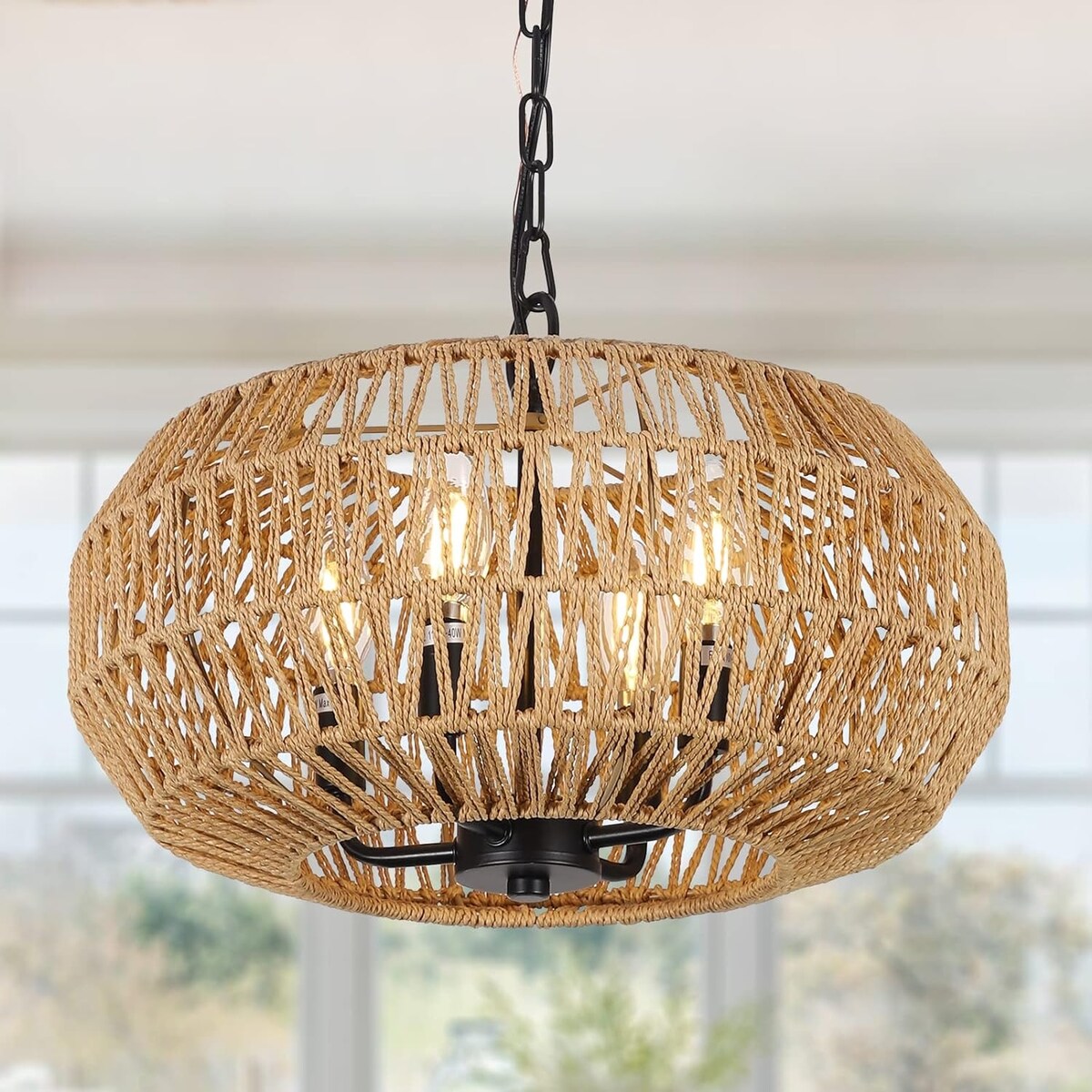 Farmhouse Rattan Pendant Lights,15.7" 4-Light Boho Chandelier Light Fixture,Wicker Hand Woven Basket Pendant Hanging