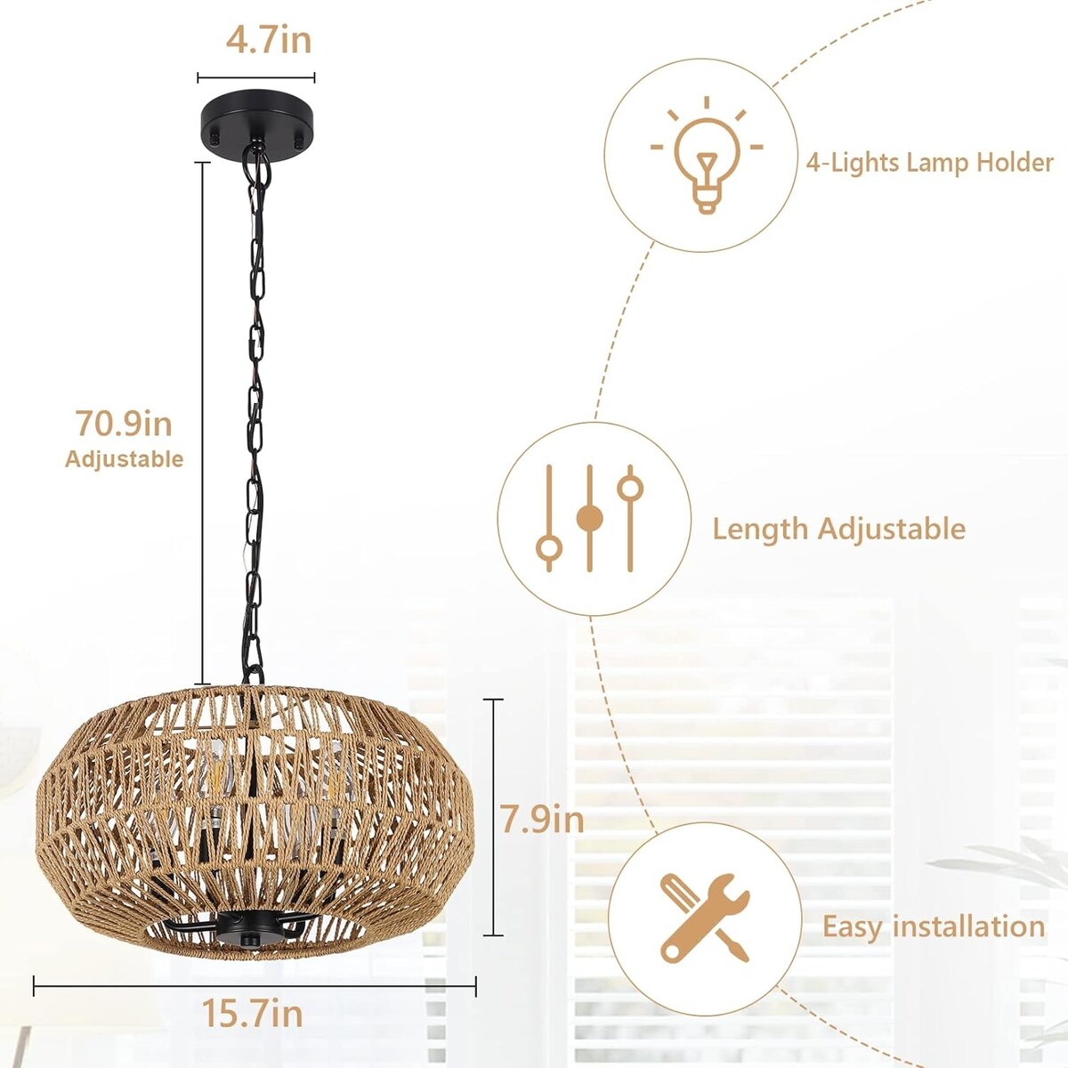 Farmhouse Rattan Pendant Lights,15.7" 4-Light Boho Chandelier Light Fixture,Wicker Hand Woven Basket Pendant Hanging