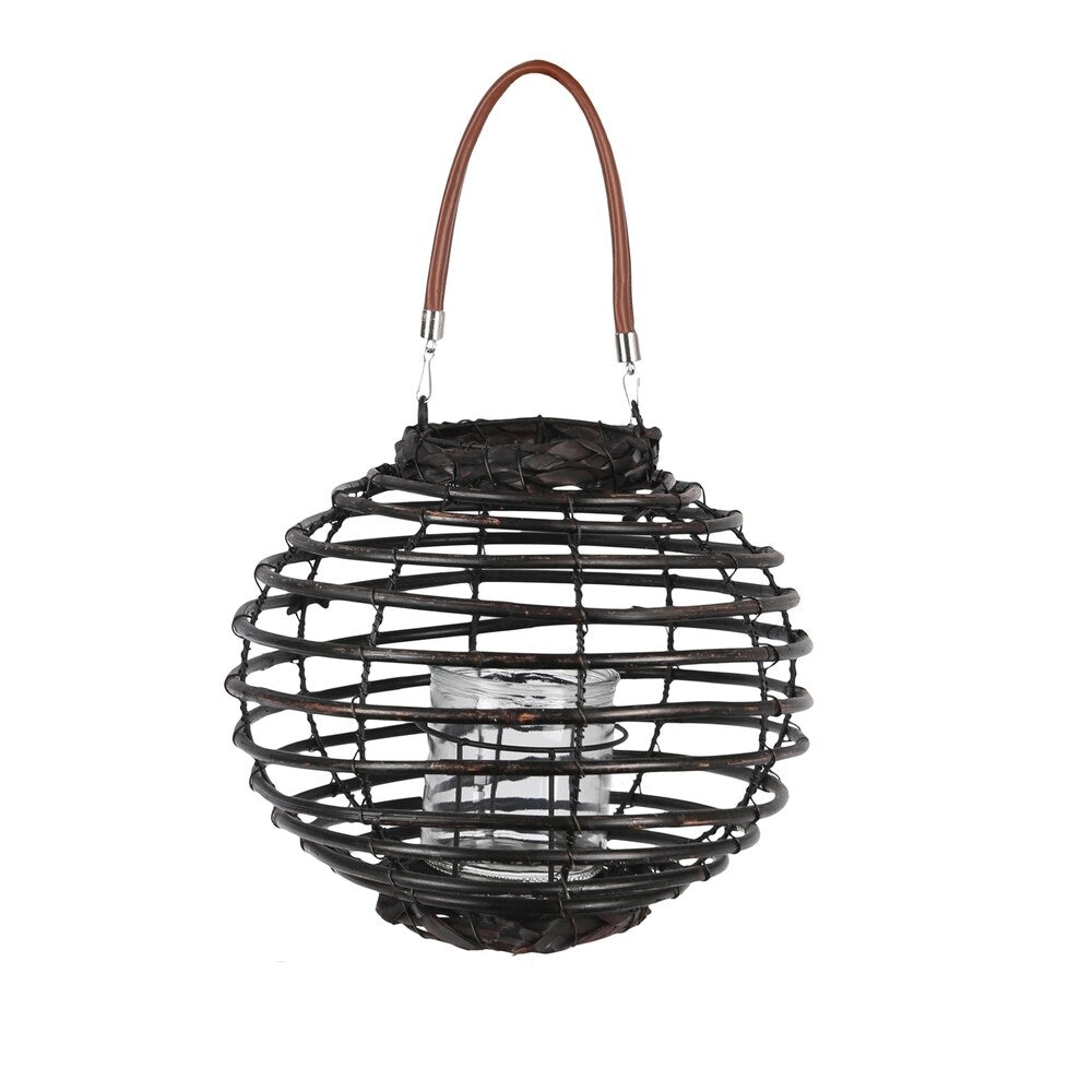 Rattan Frame Glass Hurricane Lantern with Spiral Design, Large, Black