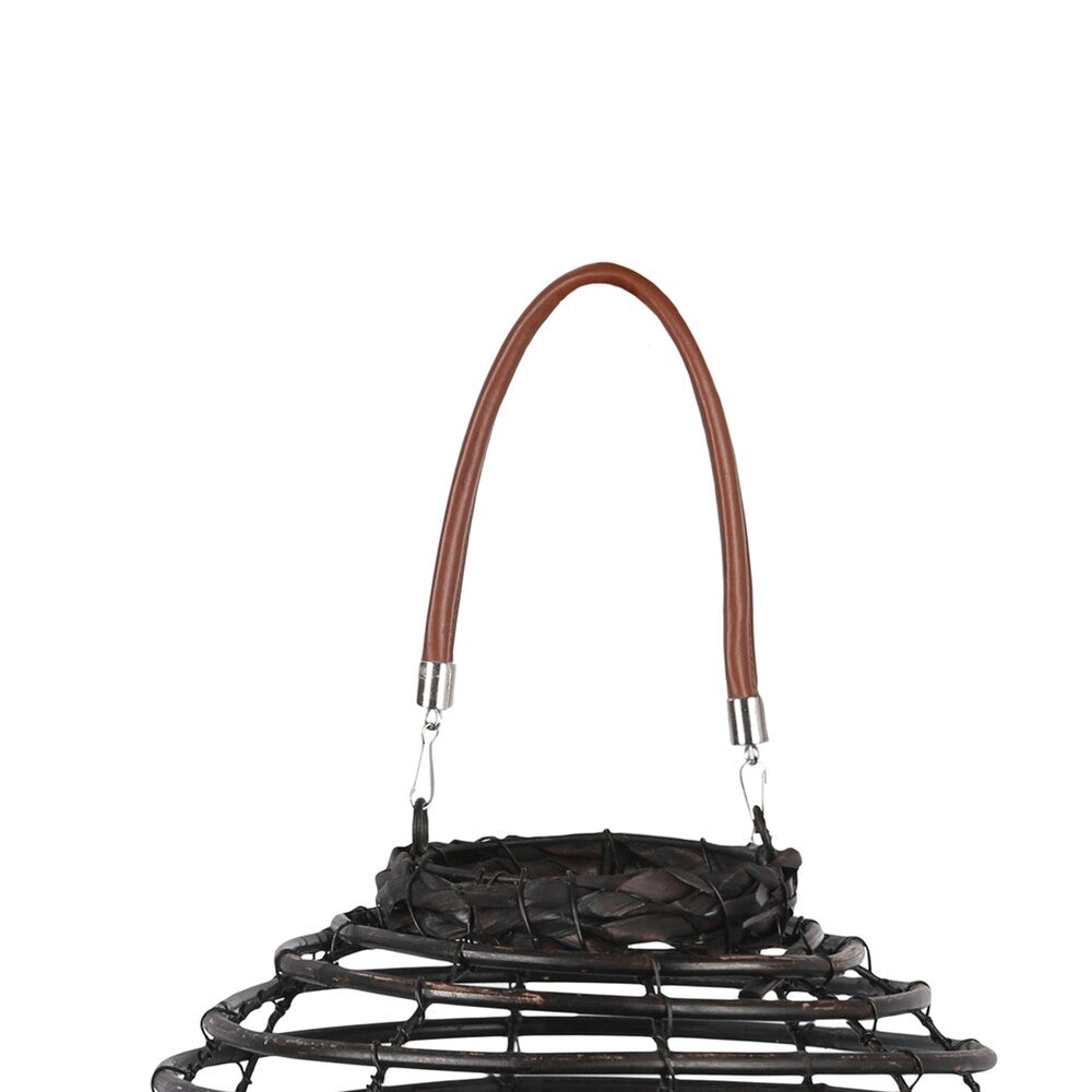 Rattan Frame Glass Hurricane Lantern with Spiral Design, Large, Black
