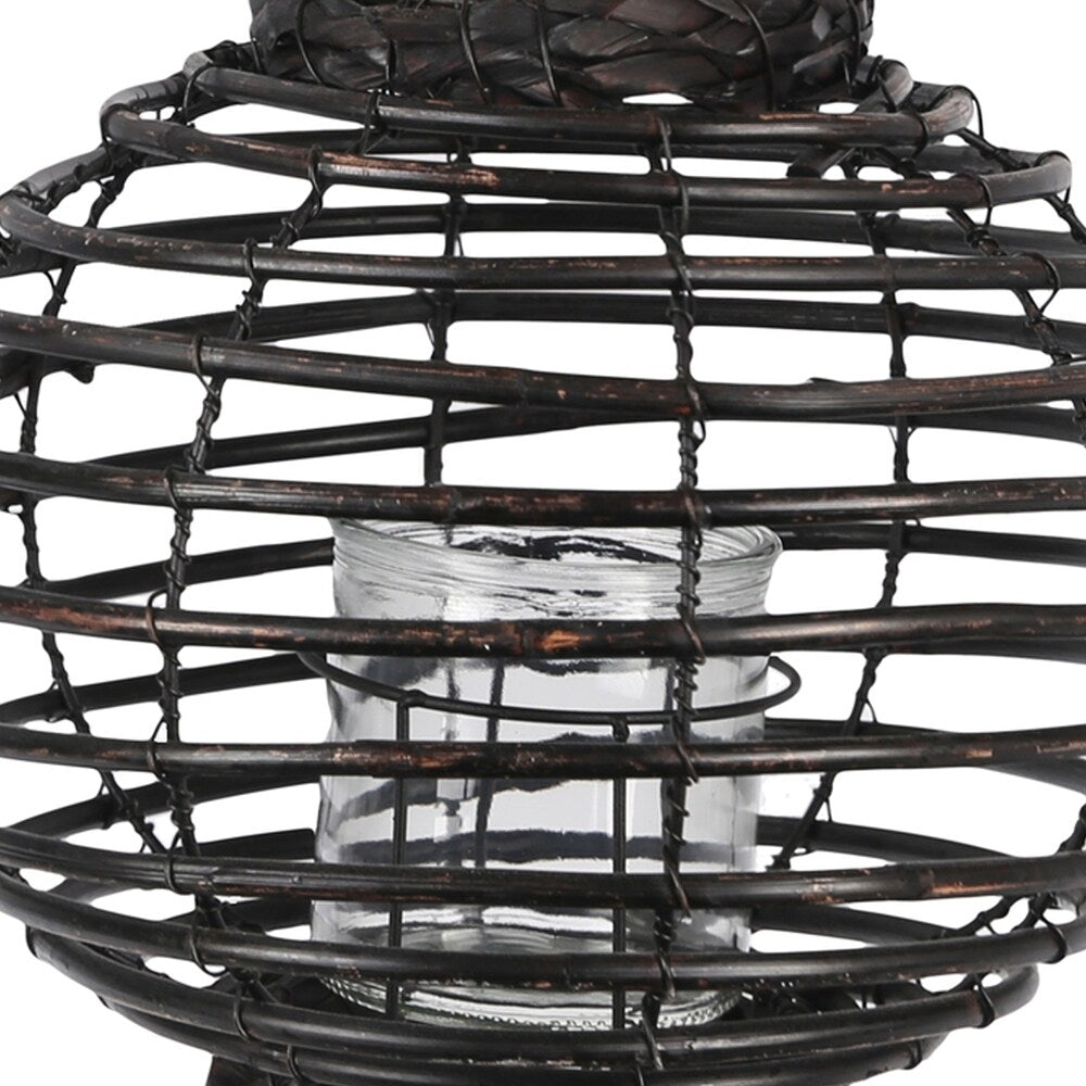Rattan Frame Glass Hurricane Lantern with Spiral Design, Large, Black