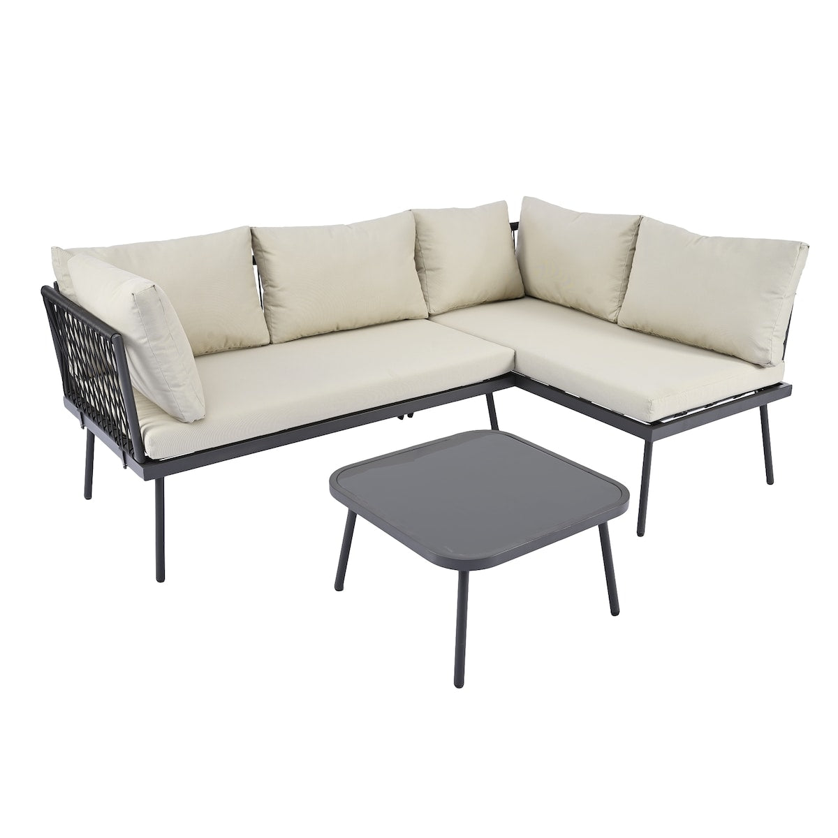 Rattan Patio Metal L-Shaped Sectional Sofa Set with Glass Table and Cushions