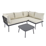 Rattan Patio Metal L-Shaped Sectional Sofa Set with Glass Table and Cushions