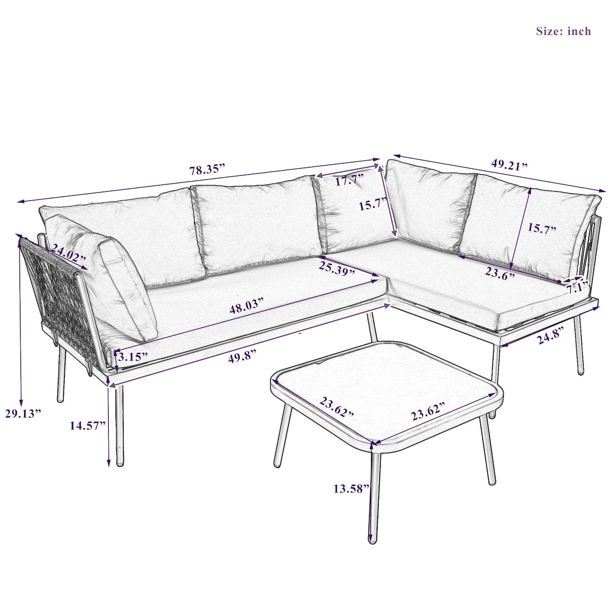 Rattan Patio Metal L-Shaped Sectional Sofa Set with Glass Table and Cushions