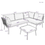 Rattan Patio Metal L-Shaped Sectional Sofa Set with Glass Table and Cushions