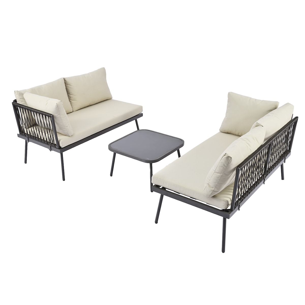 Rattan Patio Metal L-Shaped Sectional Sofa Set with Glass Table and Cushions