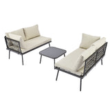 Rattan Patio Metal L-Shaped Sectional Sofa Set with Glass Table and Cushions