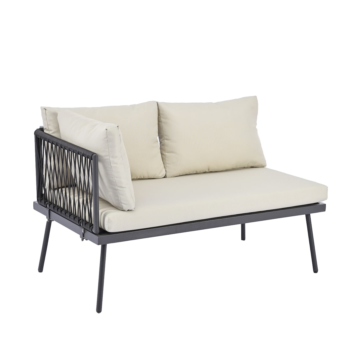 Rattan Patio Metal L-Shaped Sectional Sofa Set with Glass Table and Cushions