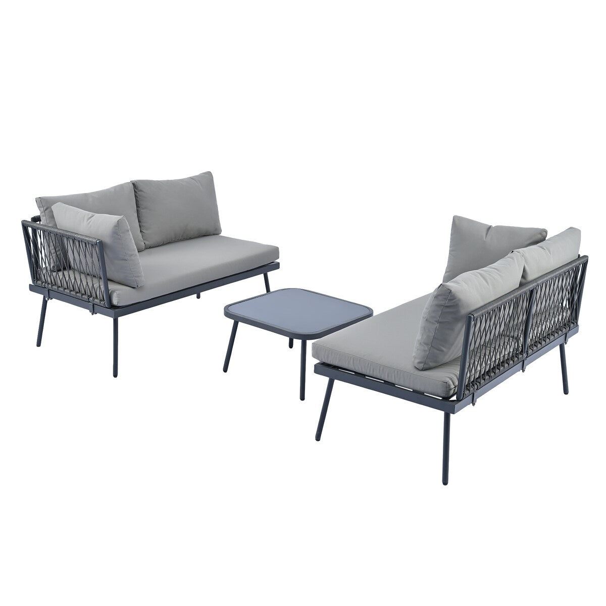 Rattan Patio Metal L-Shaped Sectional Sofa Set with Glass Table and Cushions
