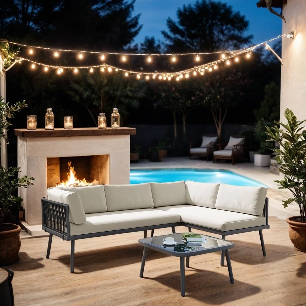 Rattan Patio Metal L-Shaped Sectional Sofa Set with Glass Table and Cushions