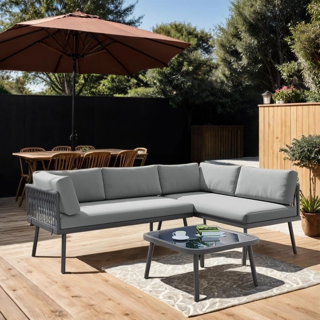 Rattan Patio Metal L-Shaped Sectional Sofa Set with Glass Table and Cushions