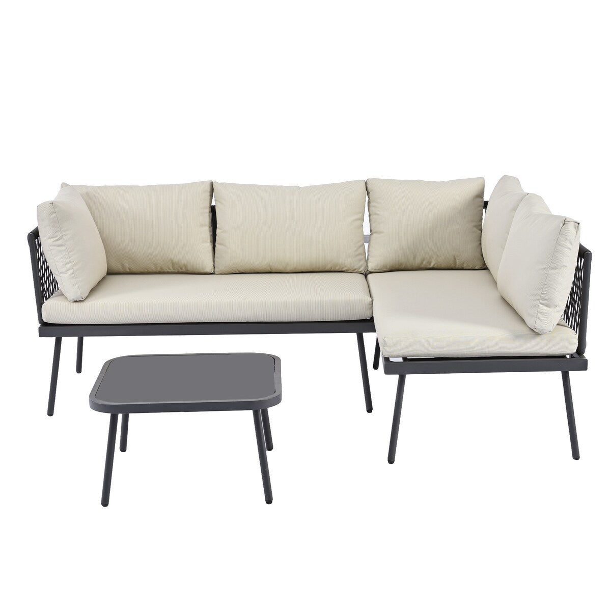 Rattan Patio Metal L-Shaped Sectional Sofa Set with Glass Table and Cushions