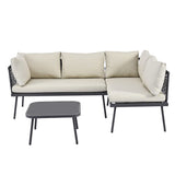 Rattan Patio Metal L-Shaped Sectional Sofa Set with Glass Table and Cushions